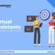 Illustration of a virtual assistant depicted as a modern-day ninja, multitasking with various business tools such as a laptop, smartphone, and analytics charts, symbolizing efficiency, agility, and productivity in business operations.