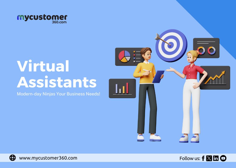 Illustration of a virtual assistant depicted as a modern-day ninja, multitasking with various business tools such as a laptop, smartphone, and analytics charts, symbolizing efficiency, agility, and productivity in business operations.