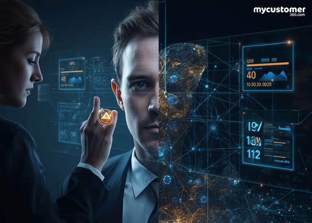 AI for customer success creating a competitive moat for businesses, visualized as a futuristic fortress protected by neural network data flows and retention dashboards.
