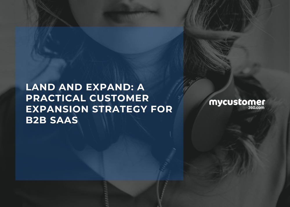 Illustration of a B2B SaaS customer expansion strategy showing the land and expand approach, growing existing accounts through upselling, cross-selling, and customer success initiatives.